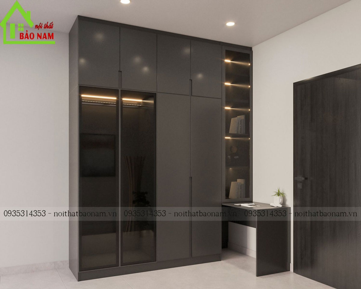 Tủ được làm từ gỗ công nghiệp MDF Melamine An Cường màu xám hiện đại, sang trọng.