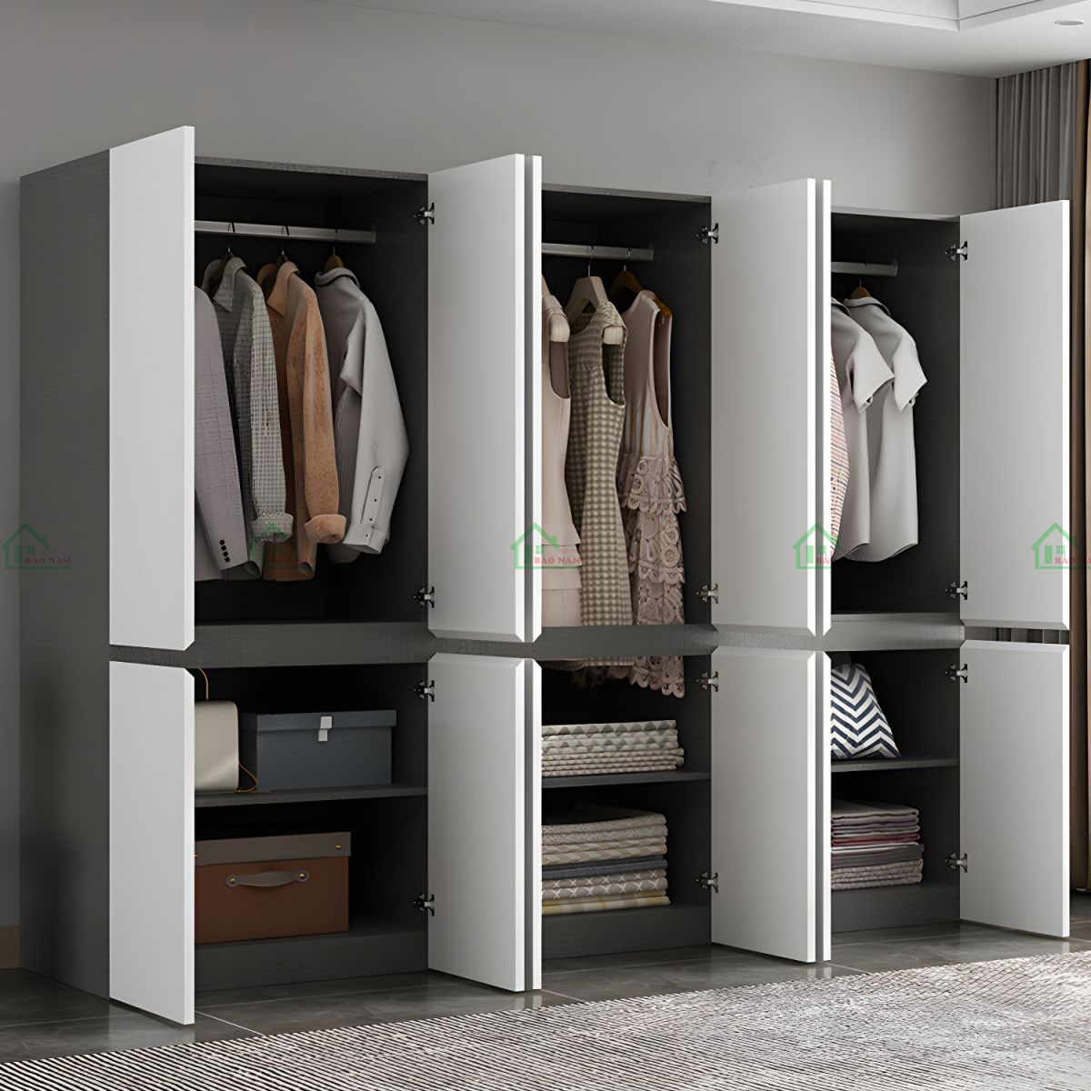 Thiết kế tối giản, hiện đại với tông màu trắng - xám thanh lịch.