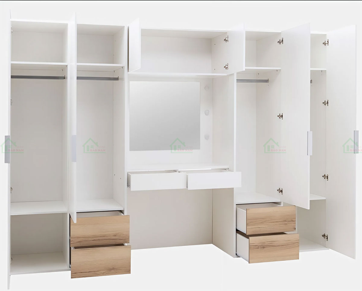 Tủ gồm nhiều ngăn kéo, đợt, thanh treo, đáp ứng nhu cầu lưu trữ đa dạng, bàn phấn với ngăn kéo, tiện lợi cho việc trang điểm