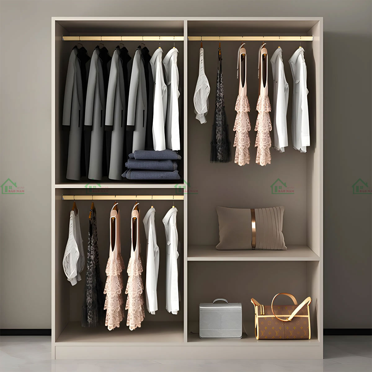 Sử dụng chất liệu gỗ công nghiệp MDF chất lượng cao, đảm bảo độ bền và dễ dàng vệ sinh, bảo quản.