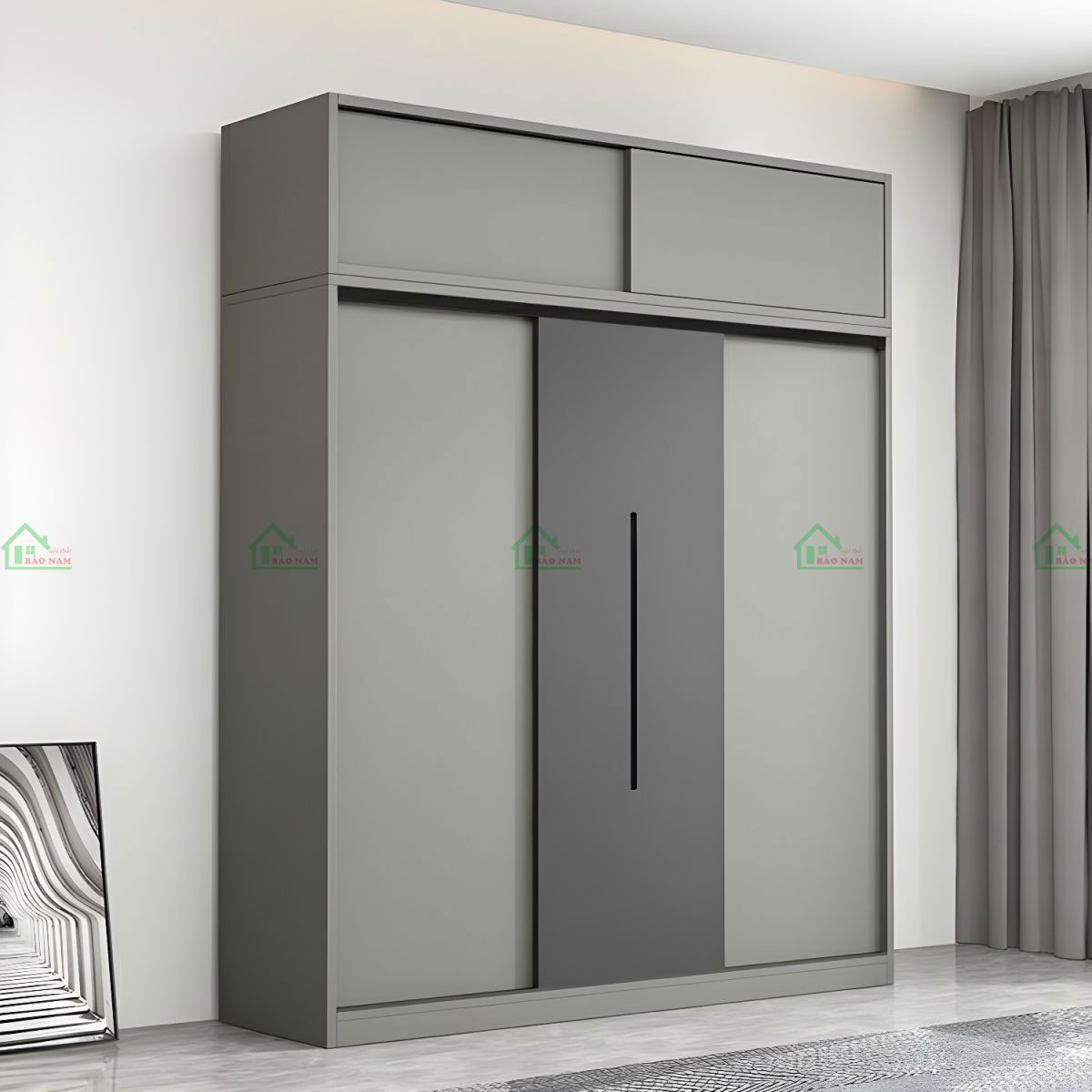 Chất liệu Gỗ công nghiệp MDF phủ Melamine màu xám tinh tế, mang lại vẻ ngoài sang trọng, trang nhã.