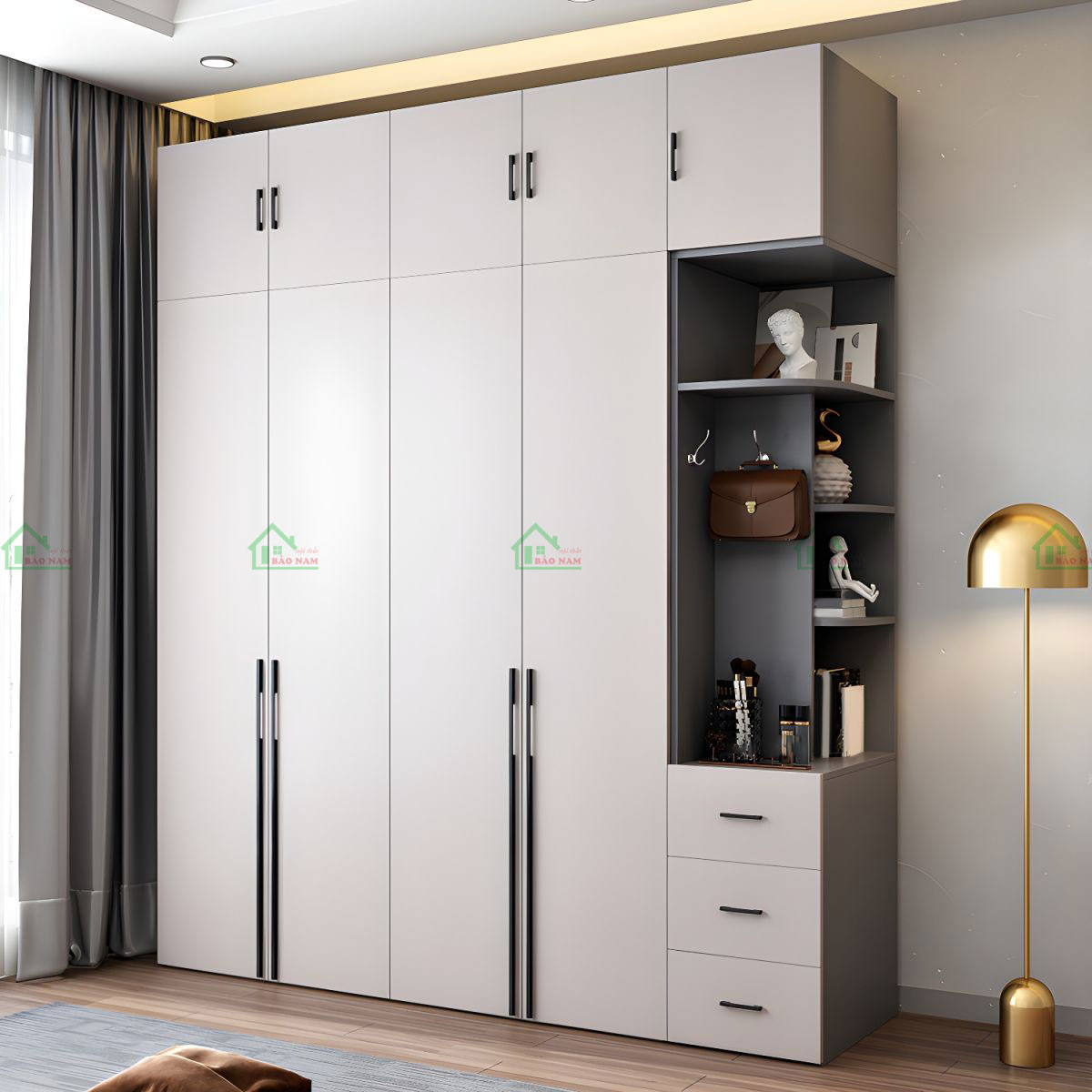 Với những đường nét vuông vắn, tinh tế, tủ áo mang phong cách hiện đại, phù hợp với nhiều không gian nội thất.