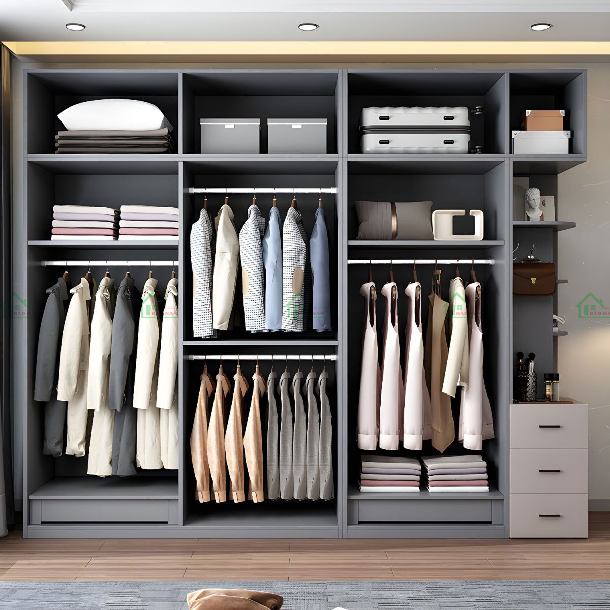 Các cánh cửa được thiết kế mở ra để dễ dàng sử dụng và truy cập vào bên trong tủ.
