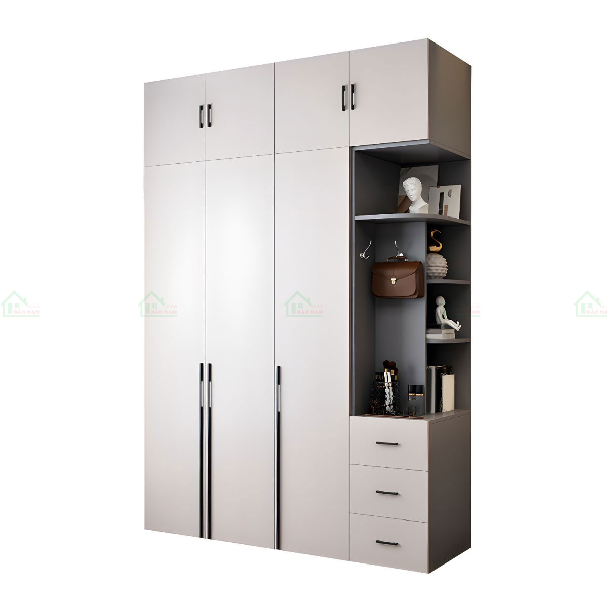 Tủ được thiết kế cao kịch trần, tối đa hóa không gian lưu trữ quần áo.