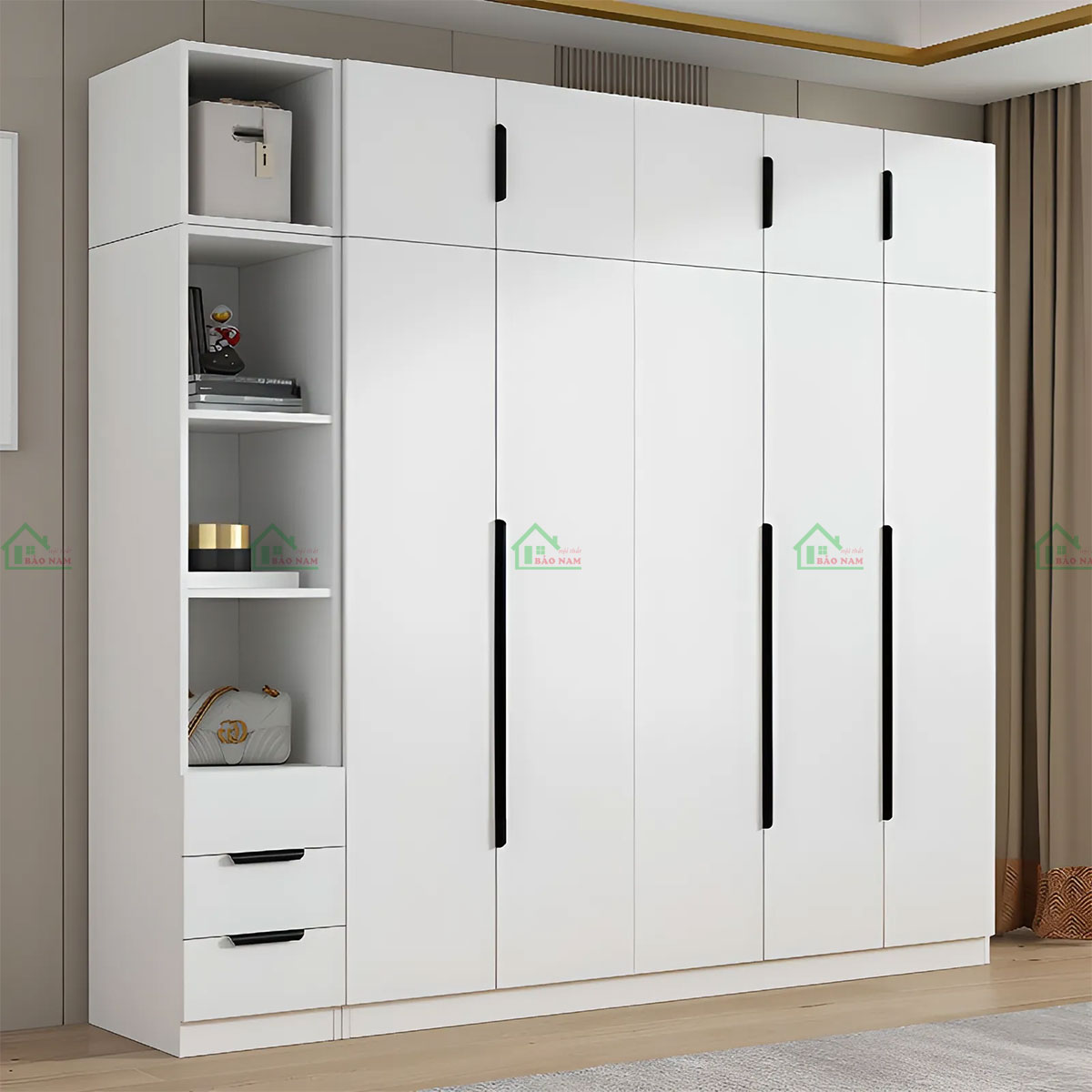 Tủ Quần Áo Gỗ Công Nghiệp MDF Màu Trắng Đẹp Hiện Đại TA34