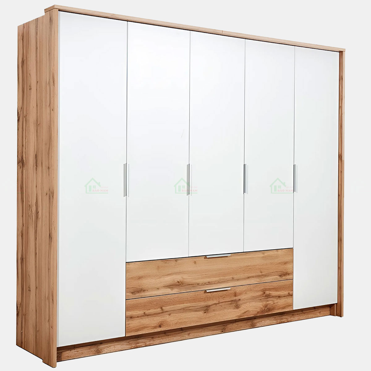 Thiết kế màu vân gỗ tự nhiên phối cánh trắng, tạo sự hài hòa, trang nhã và thêm phần nổi bật cho không gian phòng ngủ.