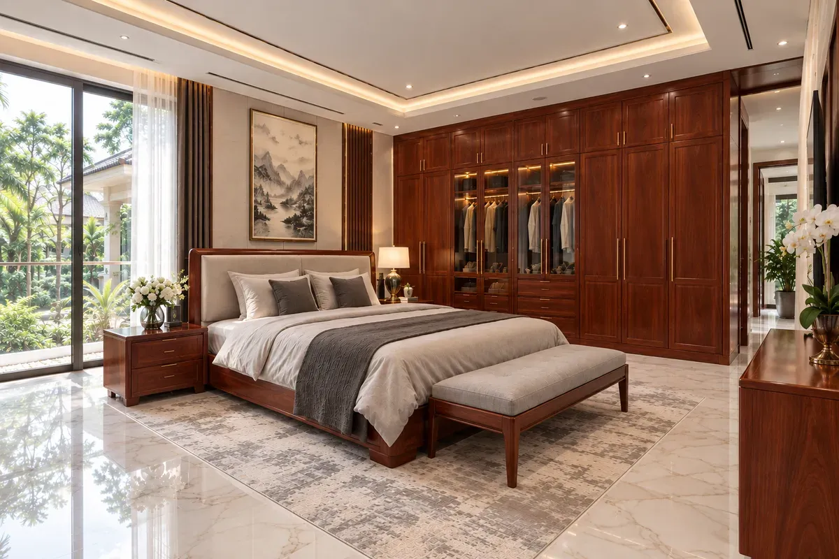 Tủ gỗ gõ đỏ phù hợp với phòng ngủ biệt thự và nhà phố cao cấp.