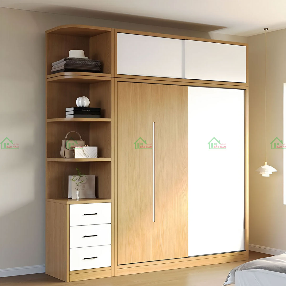 Phối màu trắng và vân gỗ tự nhiên tạo nên sự tương phản đẹp mắt, làm nổi bật phong cách hiện đại.