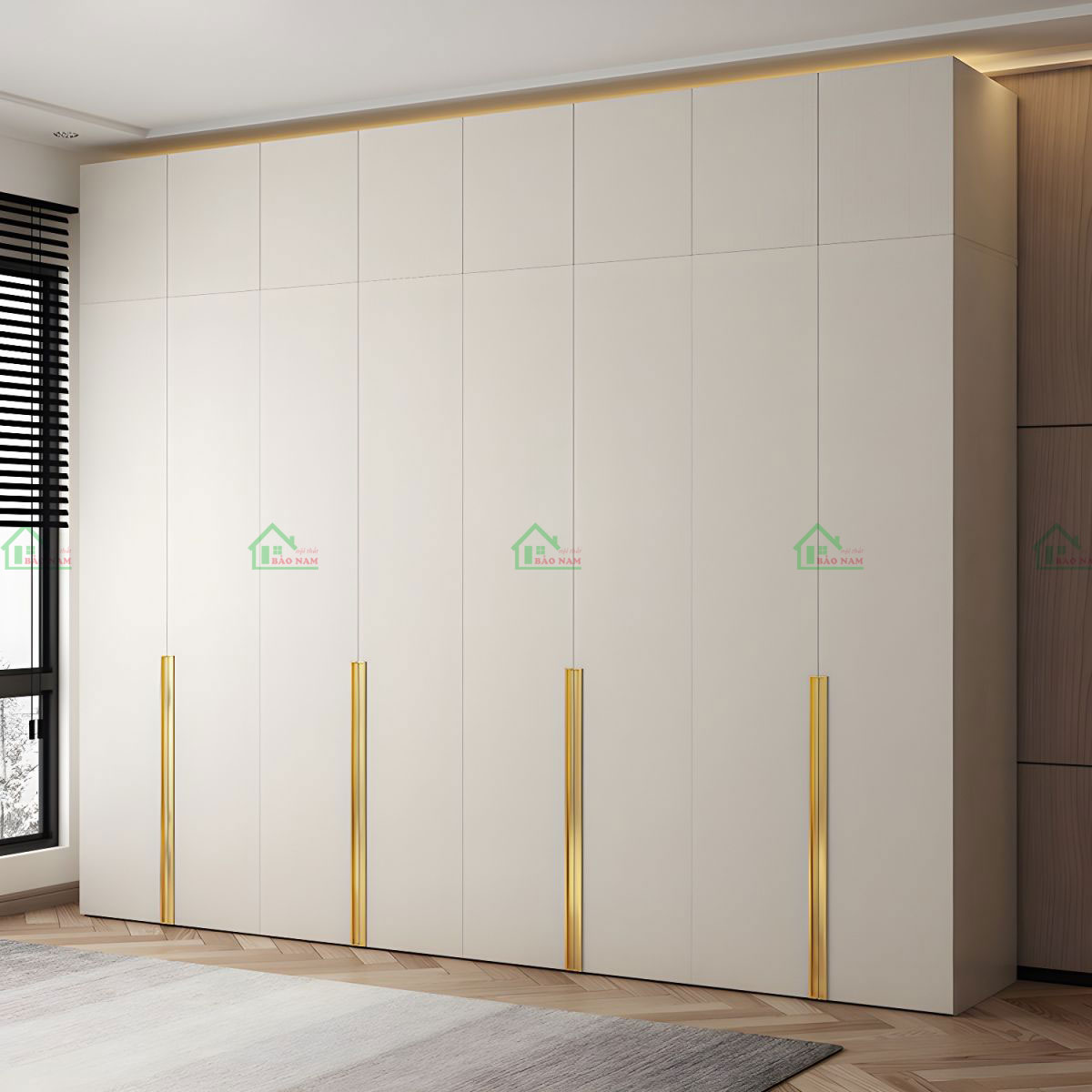 Thiết kế tối giản, hiện đại với chất liệu gỗ công nghiệp MDF phủ melamine gam màu be tinh tế.