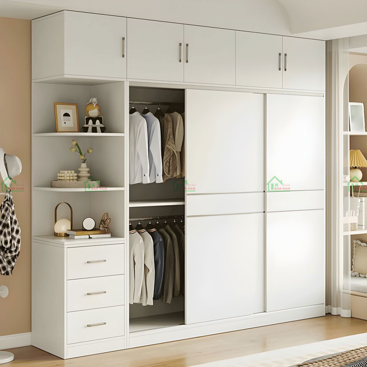 Tủ Quần Áo Gỗ MDF Cánh Lùa Màu Trắng Đẹp Hiện Đại TAL19