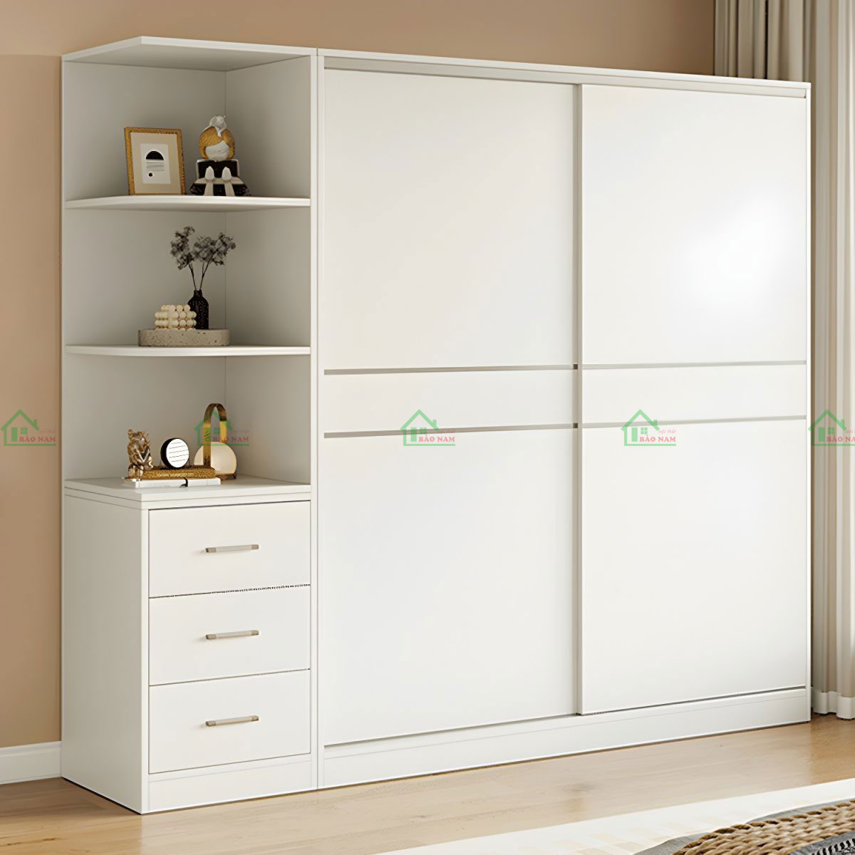 Chất liệu Gỗ công nghiệp MDF phủ Melamine màu trắng sáng, mang lại vẻ ngoài sang trọng, tươi sáng cho không gian.