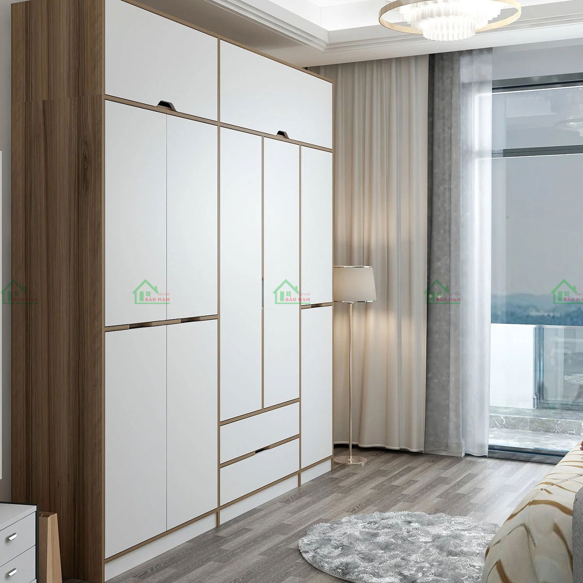 Cánh cửa được lắp đặt âm vào thân tủ, tạo điểm nhấn hiện đại và không chiếm quá nhiều diện tích phòng.