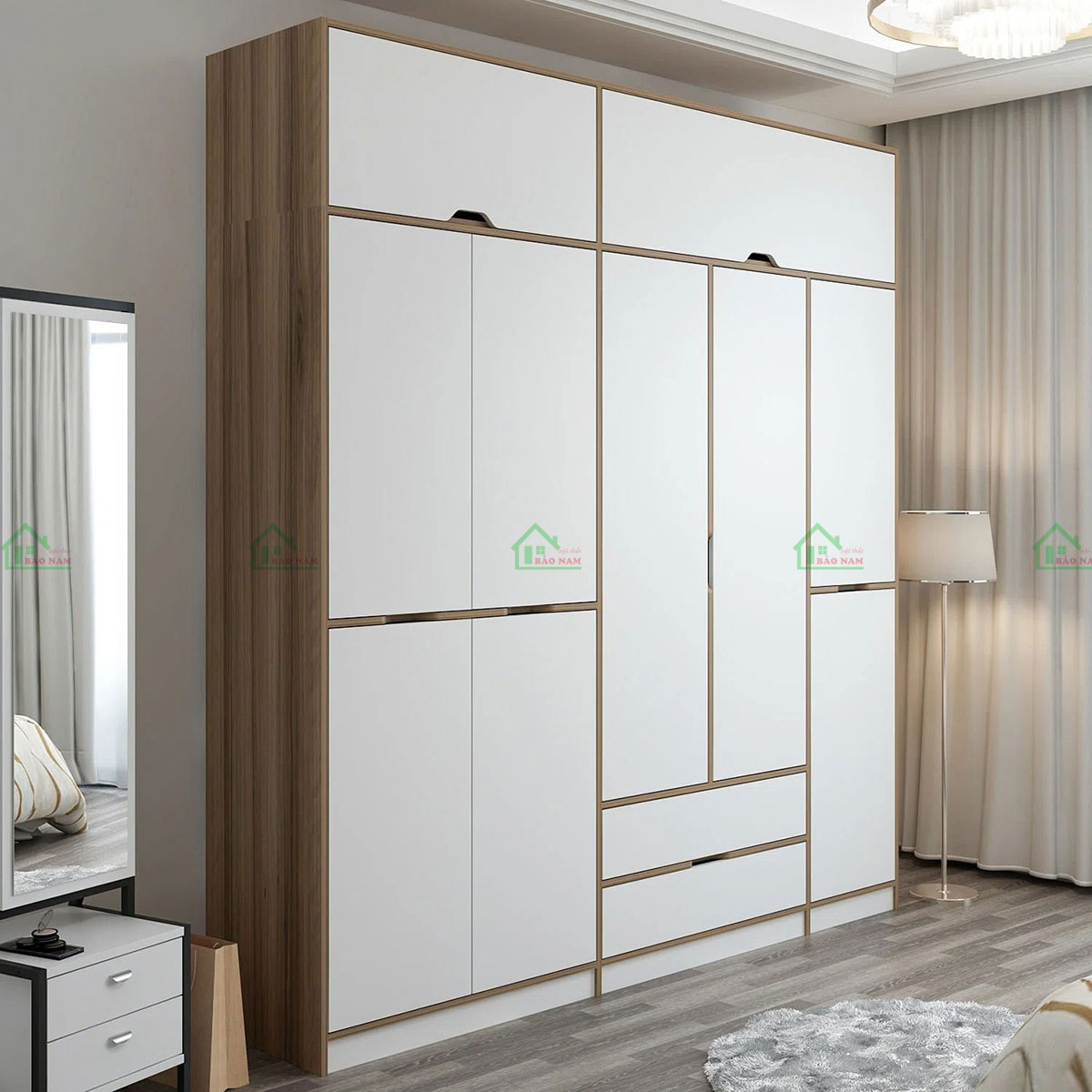 Cánh cửa mở màu trắng tinh tế, kết hợp thùng tủ vân gỗ tạo hiệu ứng phối màu đẹp mắt.