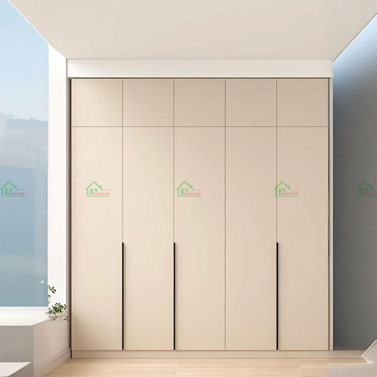 Thiết kế tối giản, hiện đại với cánh cửa phẳng và tay nắm vàng sáng bóng, tạo nên diện mạo sang trọng và tinh tế.