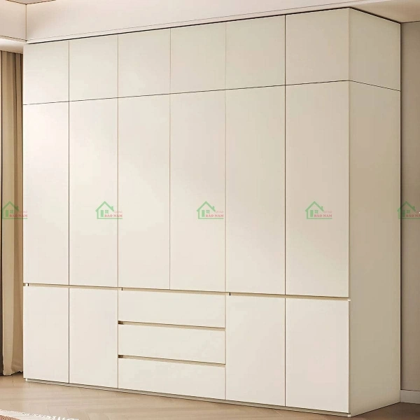 Tủ quần áo gỗ MDF TA81 An Cường mặt trước, thiết kế hiện đại với cánh trượt và ngăn kéo, màu trắng tinh tế.