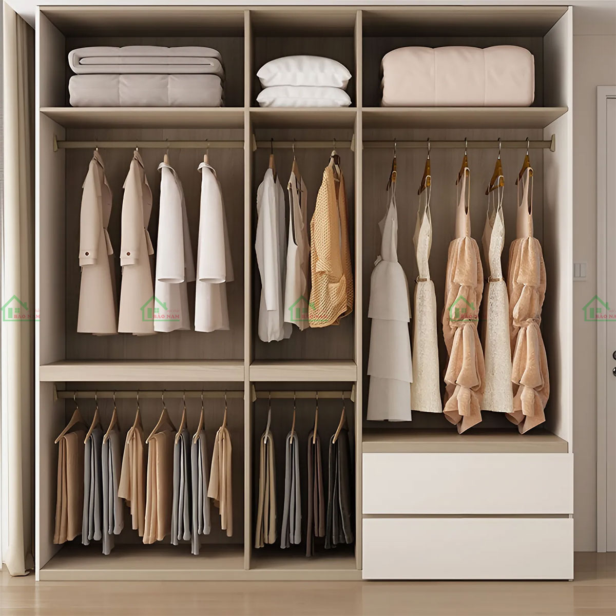 Các cánh tủ được thiết kế mở, mang lại sự tiện dụng khi sử dụng.
