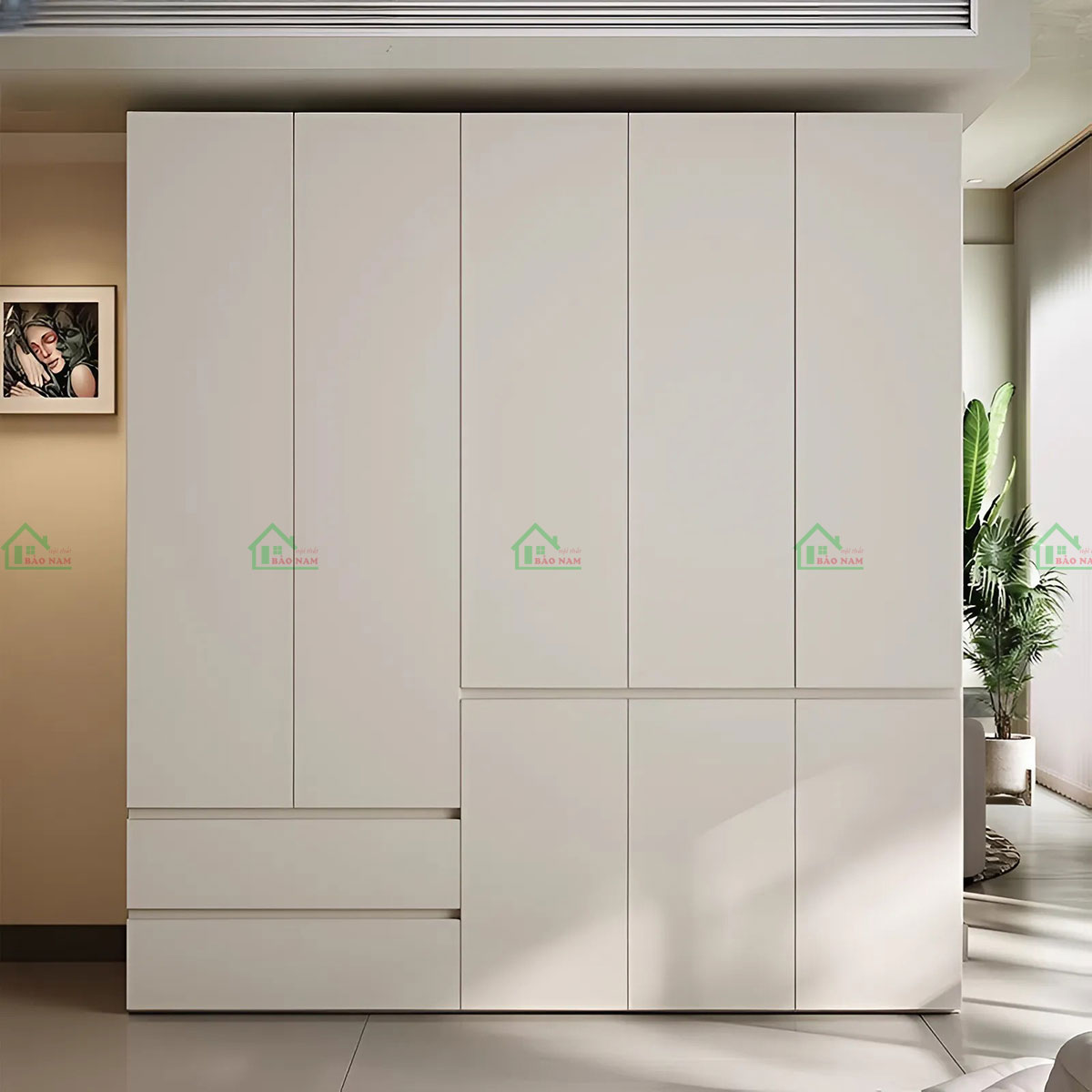 Tủ quần áo gỗ MDF TA76 màu trắng, thiết kế hiện đại, kịch trần