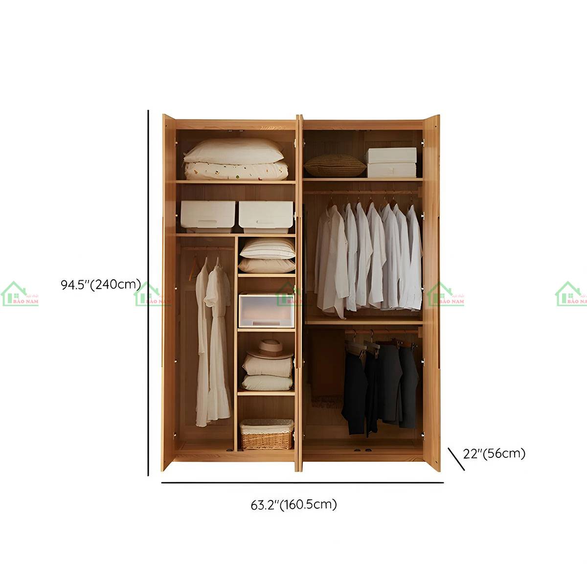 Tủ quần áo gỗ sồi TATN35 - Kích thước 160cm x 60cm x 240cm
