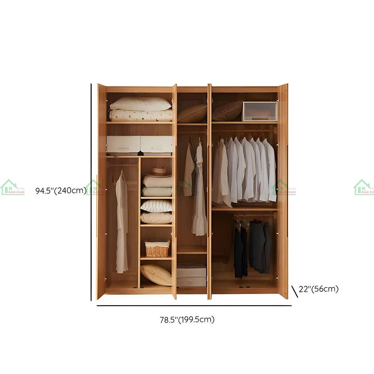 Tủ quần áo gỗ sồi TATN35 - Kích thước 200cm x 60cm x 240cm