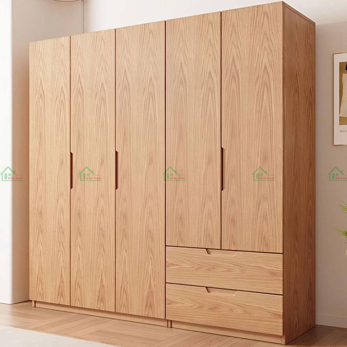 Tủ quần áo gỗ sồi 5 cánh, màu nâu nhạt, thiết kế hiện đại