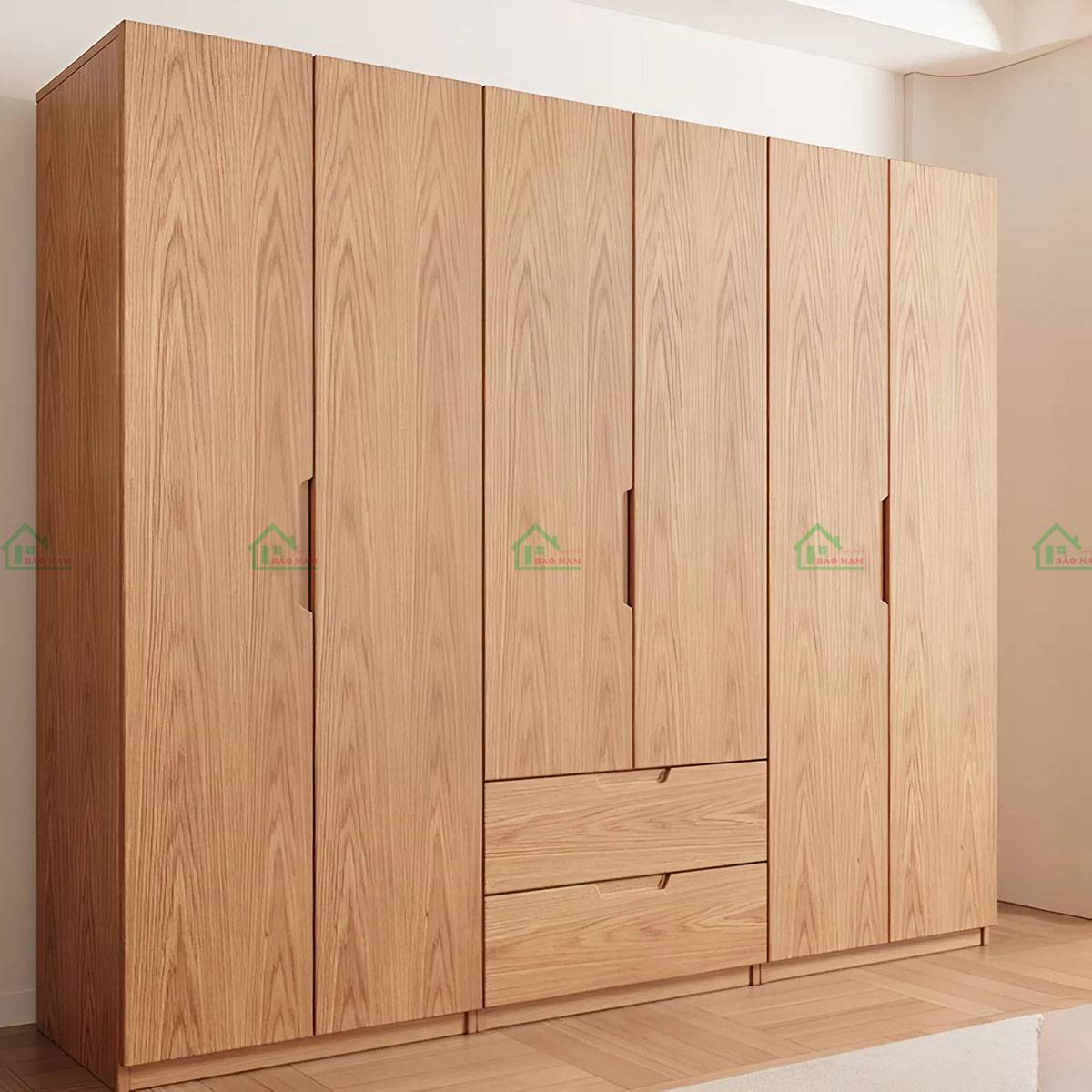 Tủ quần áo gỗ sồi tự nhiên TATN20 - 6 cánh, tay nắm âm, màu nâu nhạt