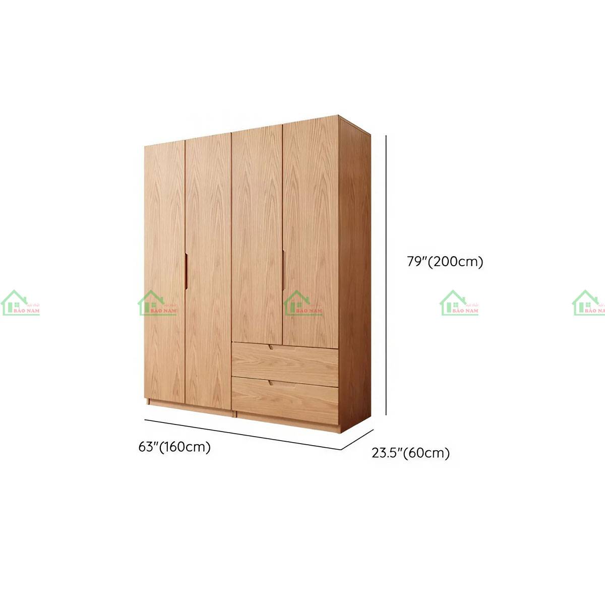 Tủ quần áo gỗ sồi 4 cánh, kích thước 160cm x 60cm x 200cm