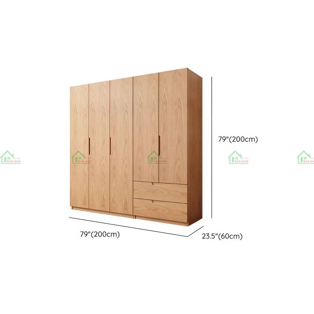 Tủ quần áo gỗ sồi 5 cánh, kích thước 200cm x 60cm x 200cm