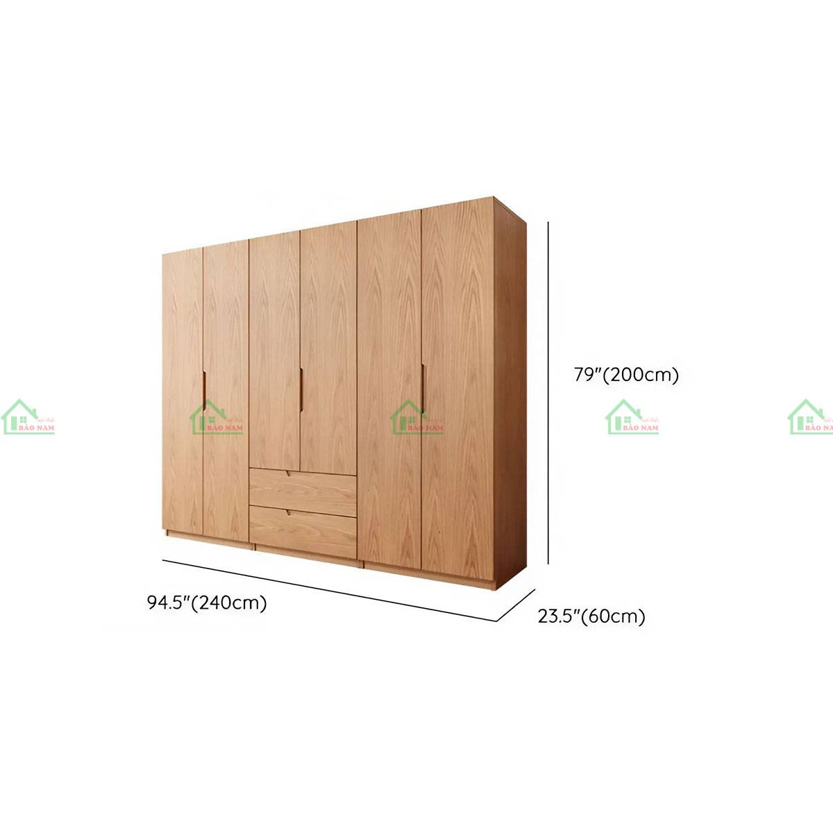 Tủ quần áo gỗ sồi 6 cánh, kích thước 240cm x 60cm x 200cm