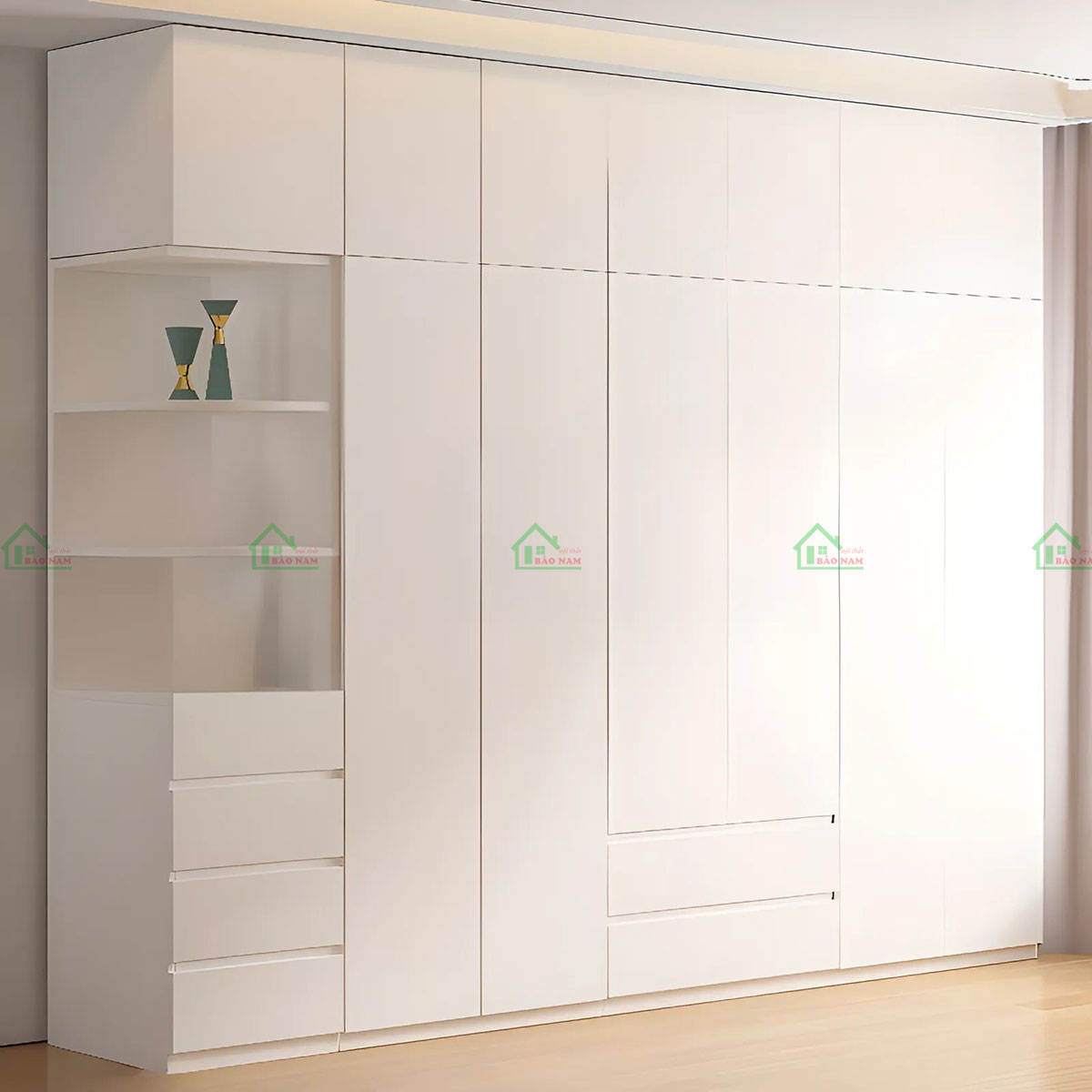 Tủ quần áo gỗ kịch trần TA79 với thiết kế hiện đại, màu trắng tinh khiết.
