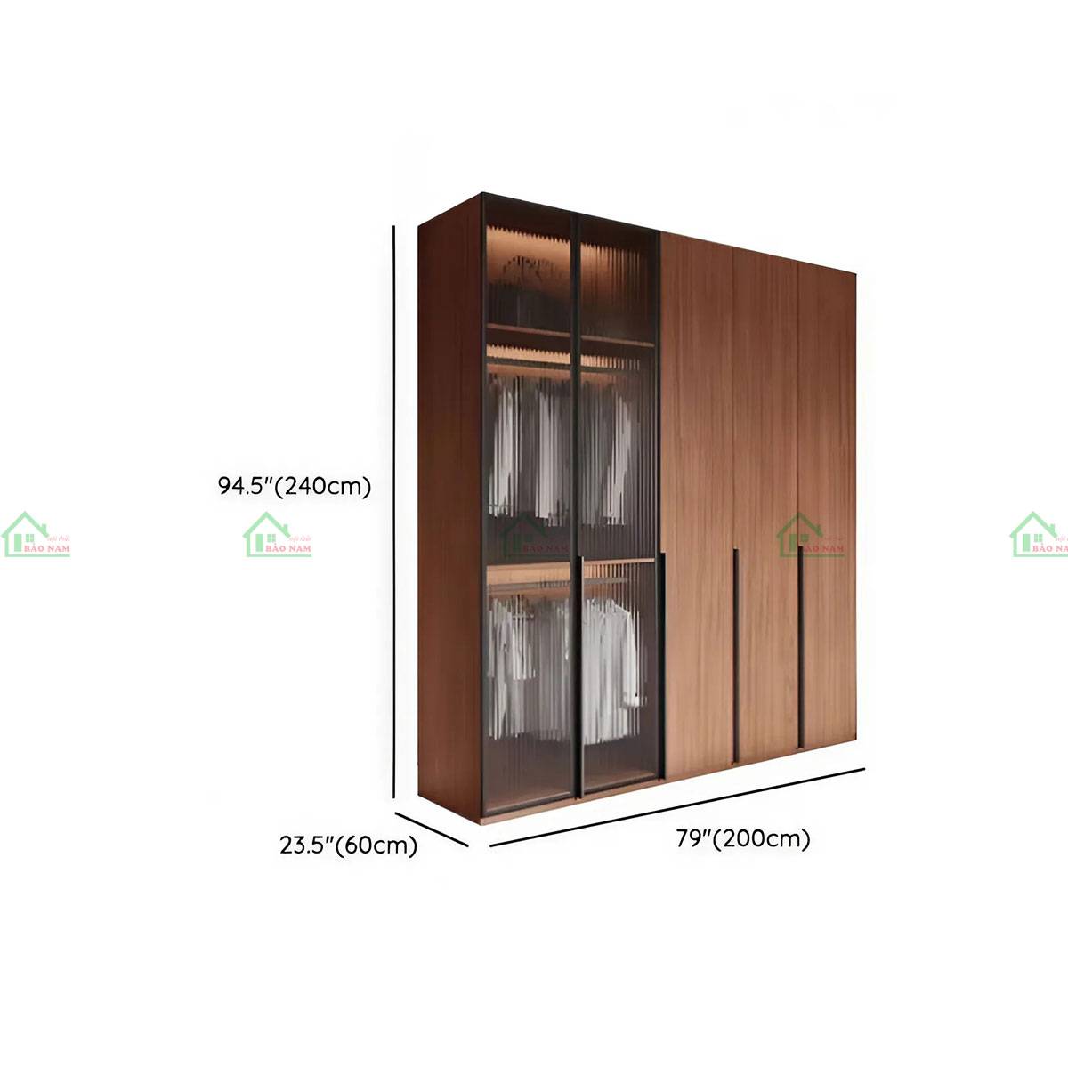 Tủ quần áo gỗ tự nhiên cửa kính TATN40 - Kích thước 200cm x 60cm x 240cm