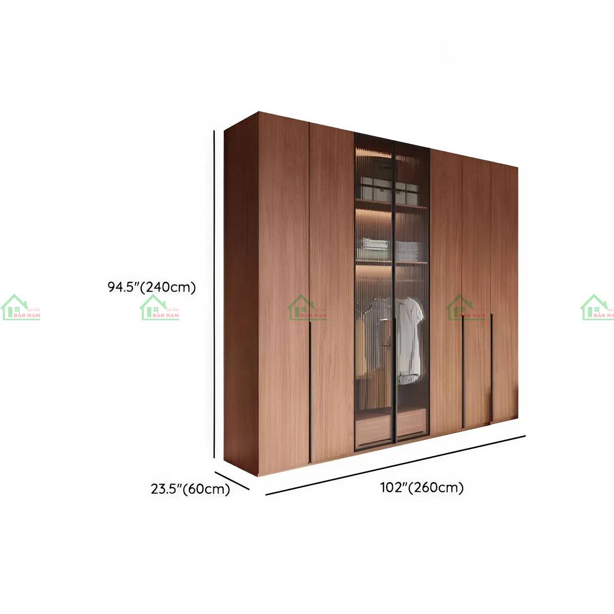 Tủ quần áo gỗ tự nhiên cửa kính TATN40 - Kích thước 260cm x 60cm x 240cm