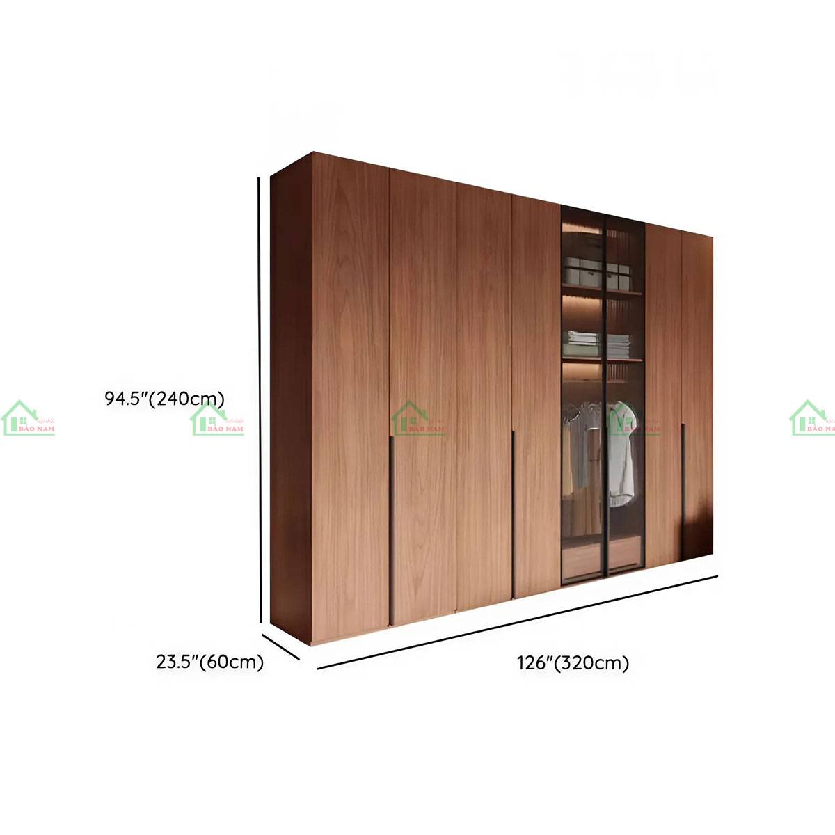 Tủ quần áo gỗ tự nhiên cửa kính TATN40 - Kích thước 320cm x 60cm x 240cm