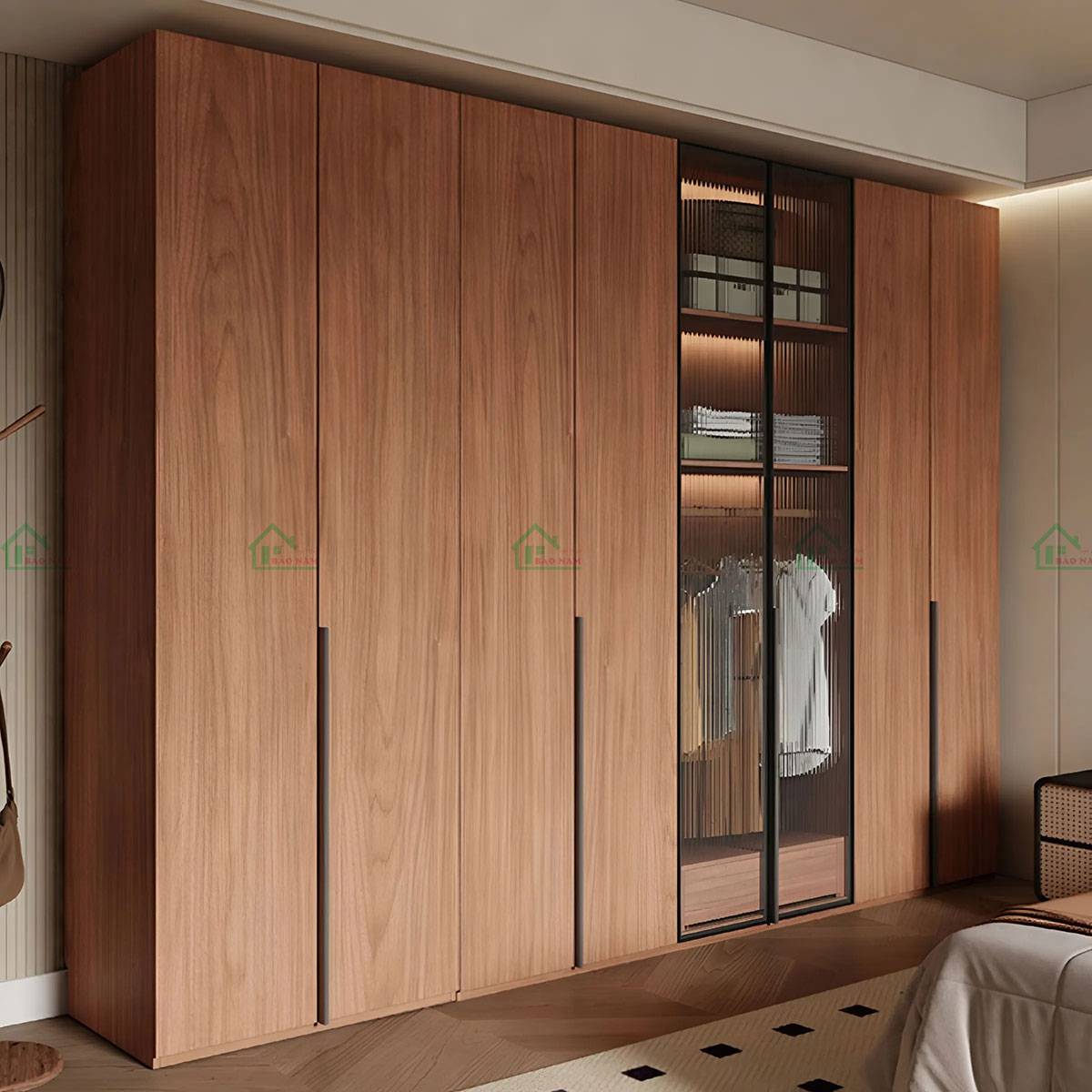 Chất liệu gỗ sồi tự nhiên màu ấm áp kết hợp kính sọc trên tủ TATN40