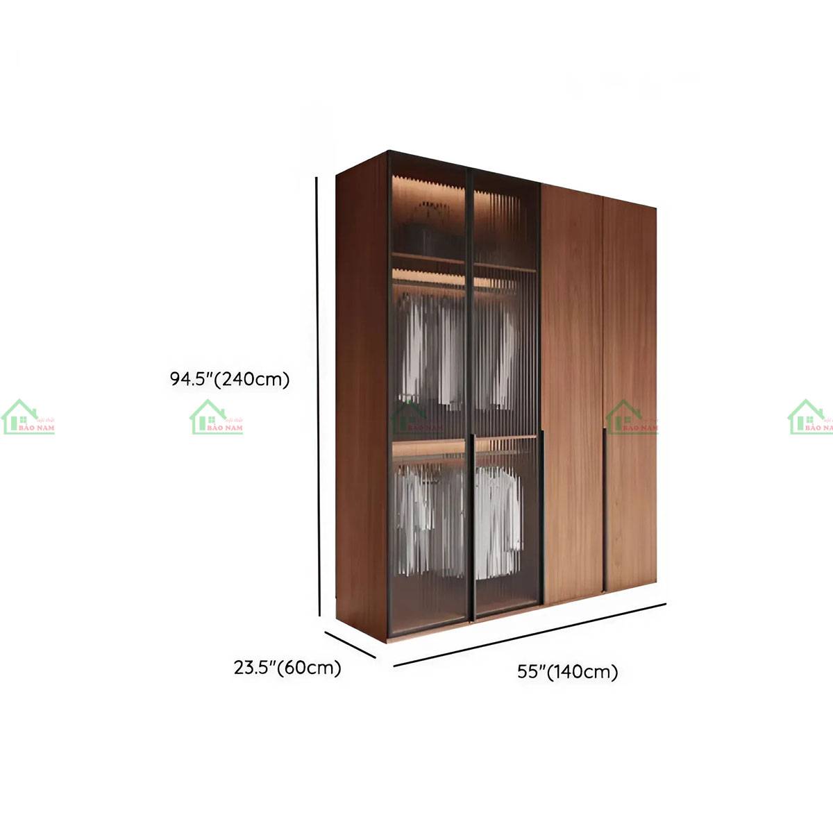 Tủ quần áo gỗ tự nhiên cửa kính TATN40 - Kích thước 140cm x 60cm x 240cm