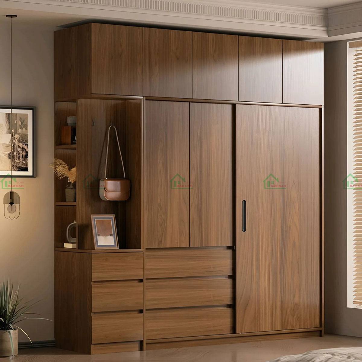 Tủ quần áo gỗ tự nhiên TATN05 thiết kế hiện đại đẹp, chất liệu gỗ sồi tự nhiên chất lượng, màu nâu trầm ấm