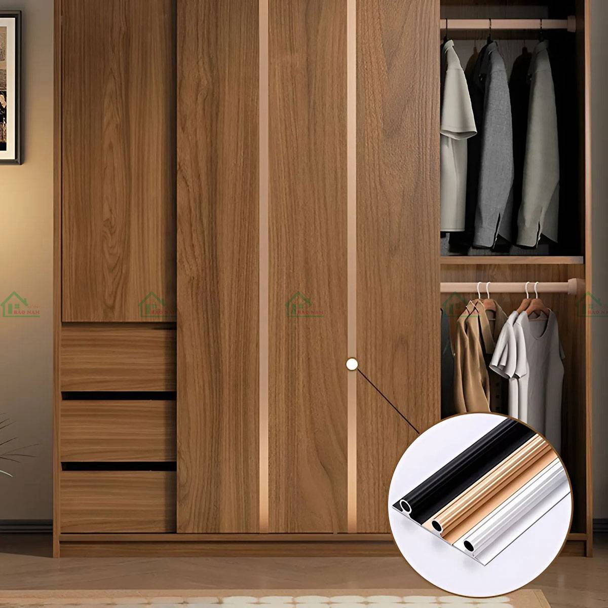 Ray trượt và bản lề cao cấp, cây chống cong giúp cánh tủ TATN05 vận hành mượt mà, bền bỉ theo thời gian.