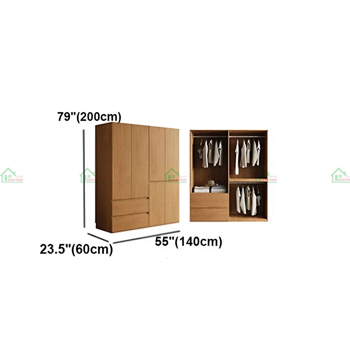 Tủ quần áo gỗ sồi với kích thước 140cm x 60cm x 200cm - lý tưởng cho không gian nhỏ