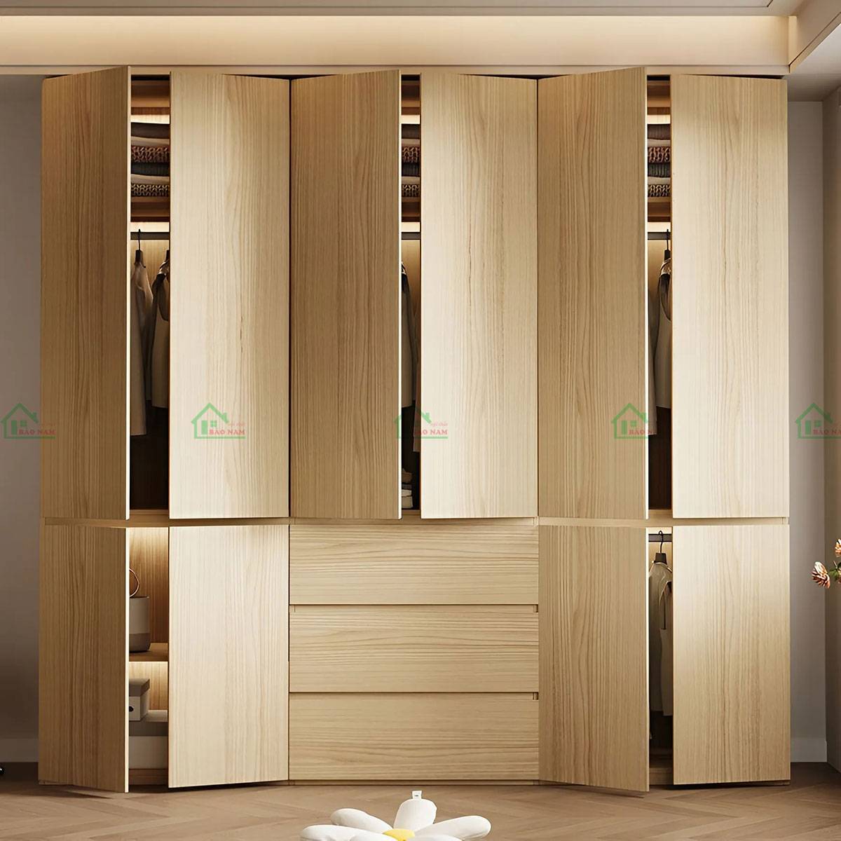 Tủ quần áo gỗ sồi TATN27 với thiết kế tối giản và không tay nắm