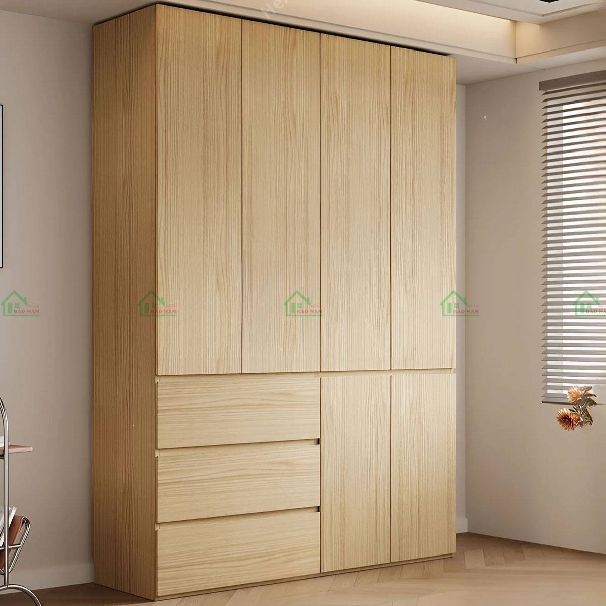 Tủ gỗ sồi tự nhiên 4 cánh, thiết kế hiện đại, tối ưu không gian lưu trữ