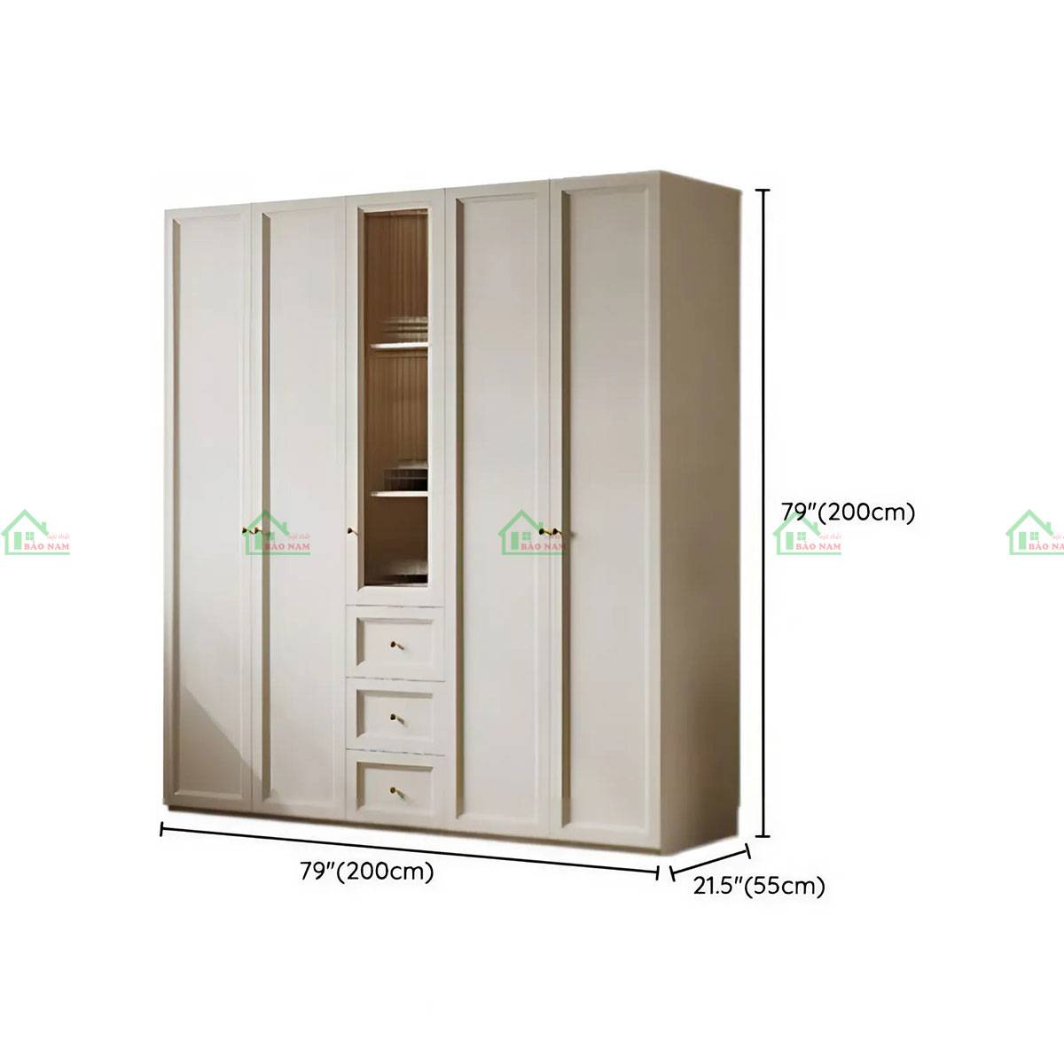 Tủ quần áo gỗ tự nhiên tân cổ điển kết hợp cánh kính TATN44 - Kích thước 200cm x 55cm x 200cm