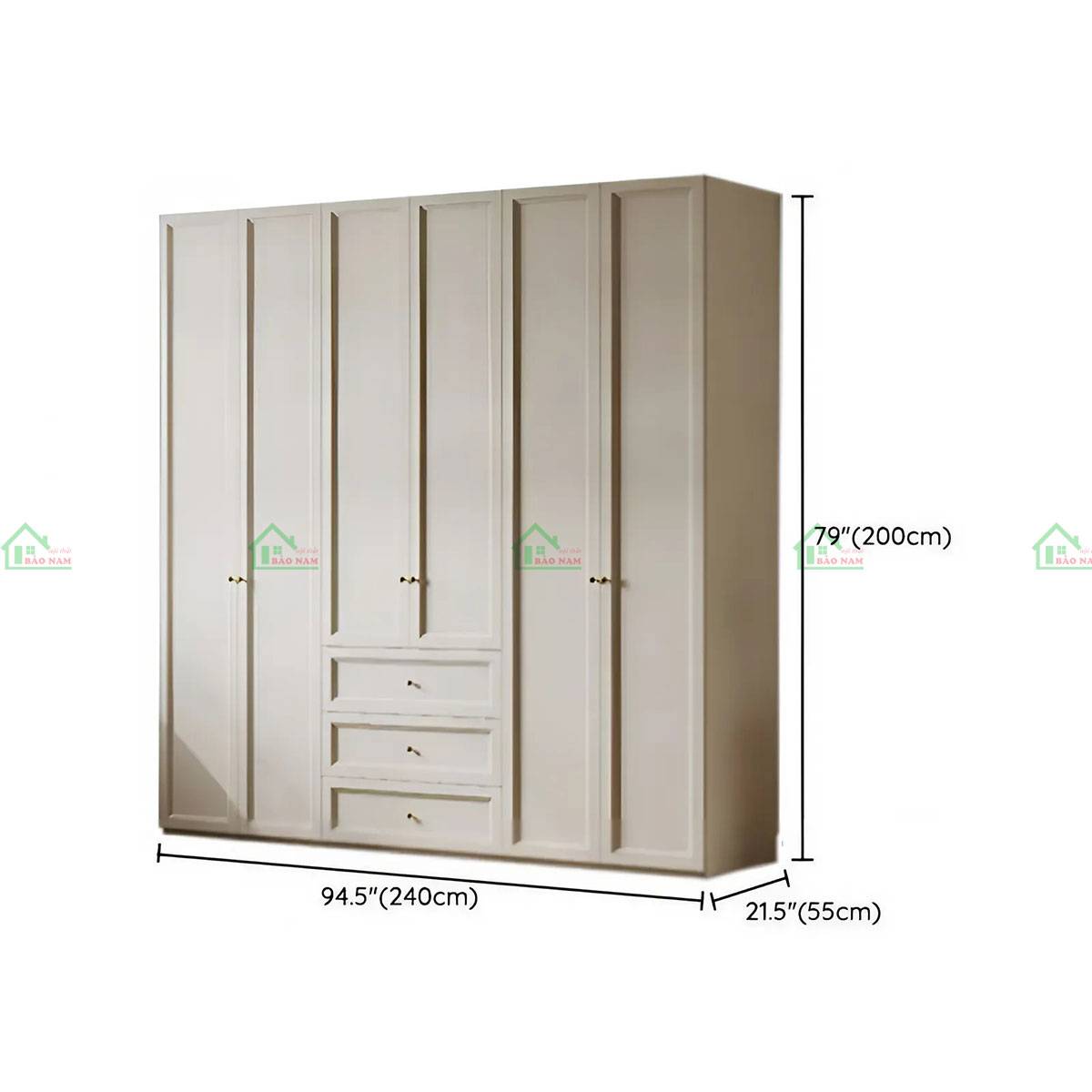 Tủ quần áo gỗ tự nhiên tân cổ điển TATN44 - Kích thước 240cm x 55cm x 200cm