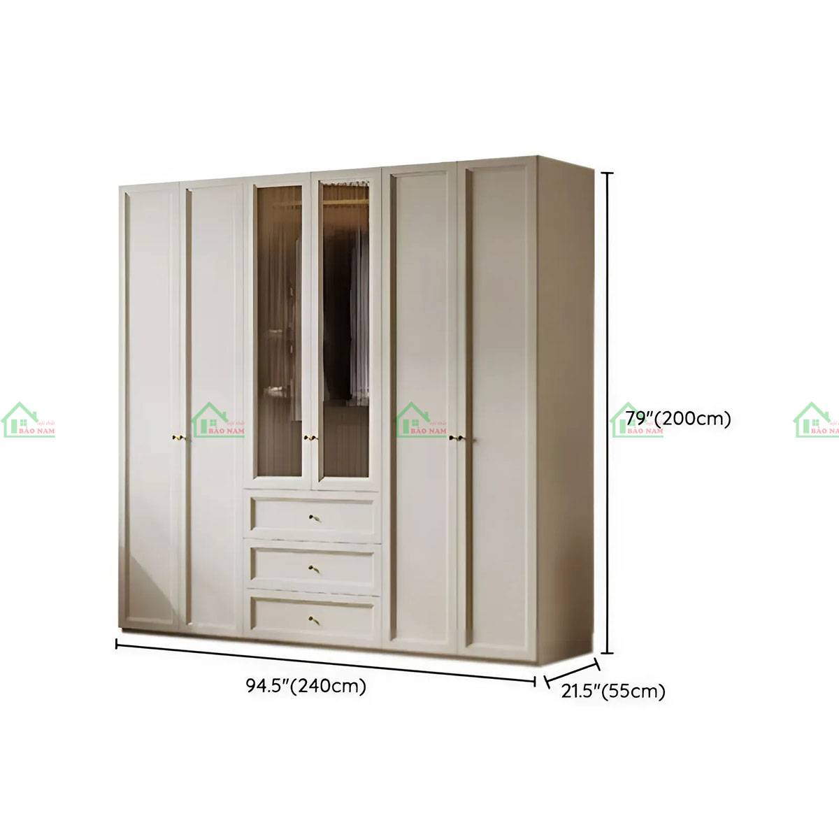 Tủ quần áo gỗ tự nhiên tân cổ điển kết hợp cánh kính TATN44 - Kích thước 240cm x 55cm x 200cm