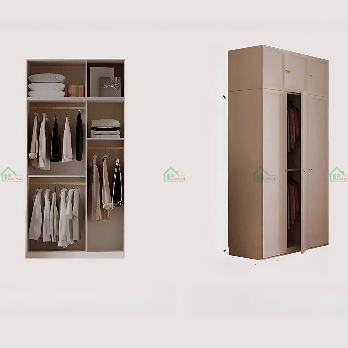 Tủ quần áo TATN44 màu trắng kem, kiểu dáng thanh lịch, phù hợp với phòng ngủ hiện đại.