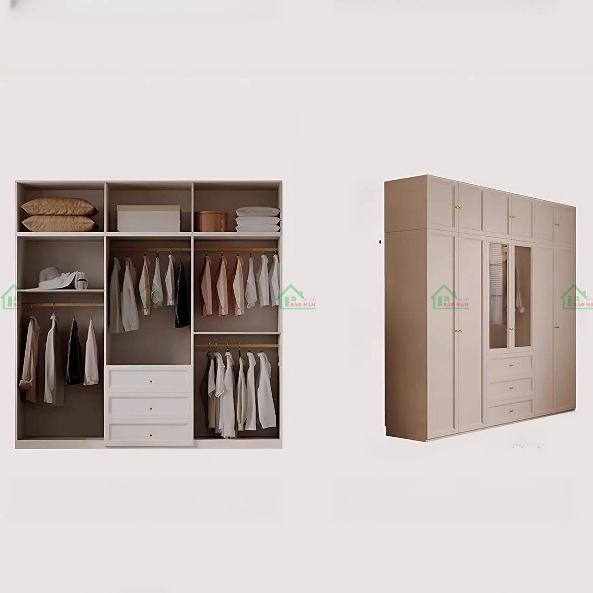 Tủ quần áo gỗ TATN44: thiết kế tân cổ điển hiện đại, kết hợp hài hòa giữa gỗ và kính.