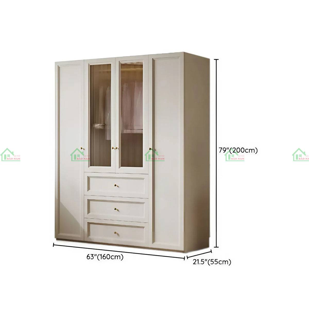 Tủ quần áo gỗ tự nhiên tân cổ điển kết hợp cánh kính TATN44 - Kích thước 160cm x 55cm x 200cm