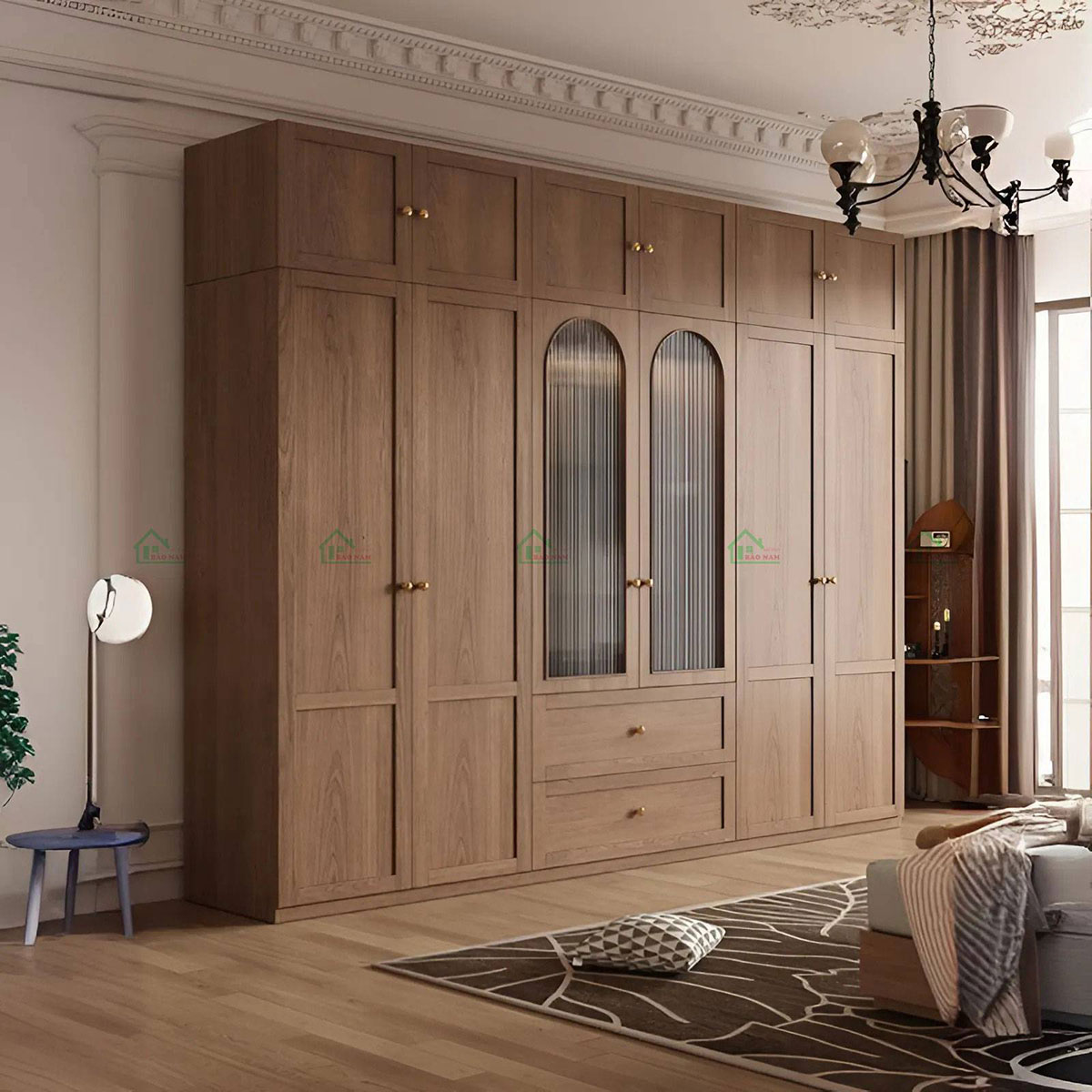 Tủ quần áo gỗ tự nhiên đẹp TATN01 với thiết kế cánh kính vòm sang trọng