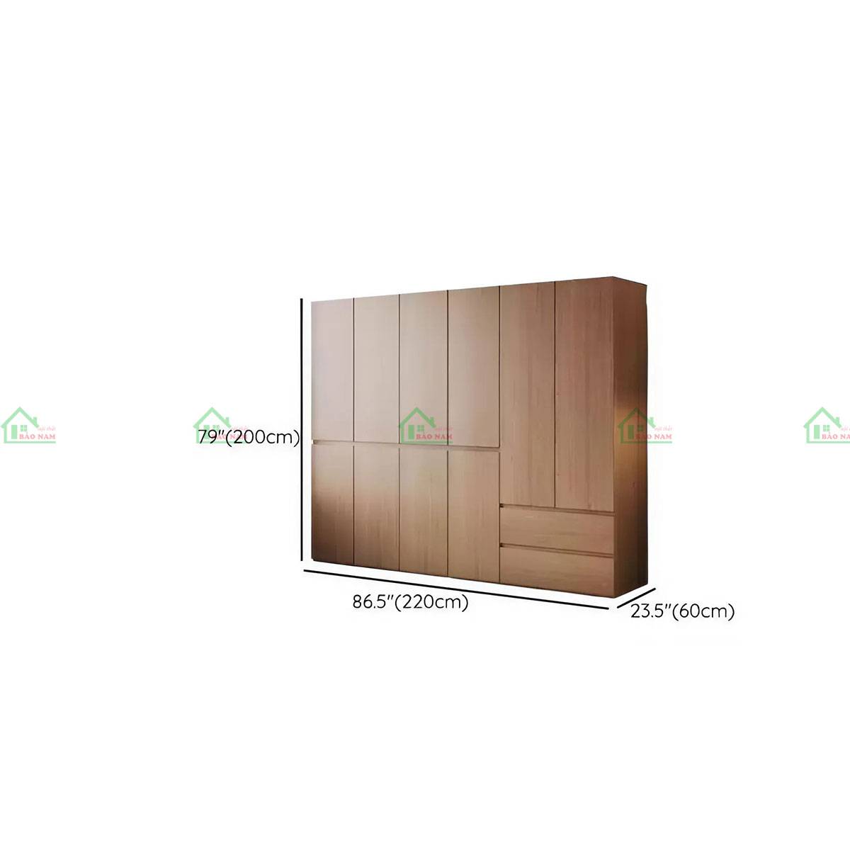 Mẫu tủ TATN26 hiện đại gỗ tự nhiên, kích thước 220cm với hộc kéo và kệ trang trí