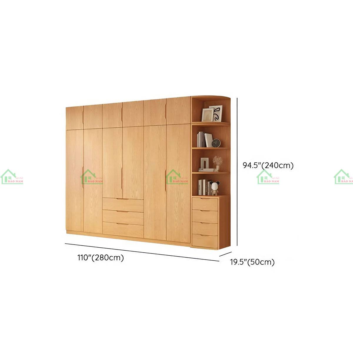 Tủ quần áo gỗ tự nhiên TATN37 - Kích thước 280cm x 50cm x 240cm