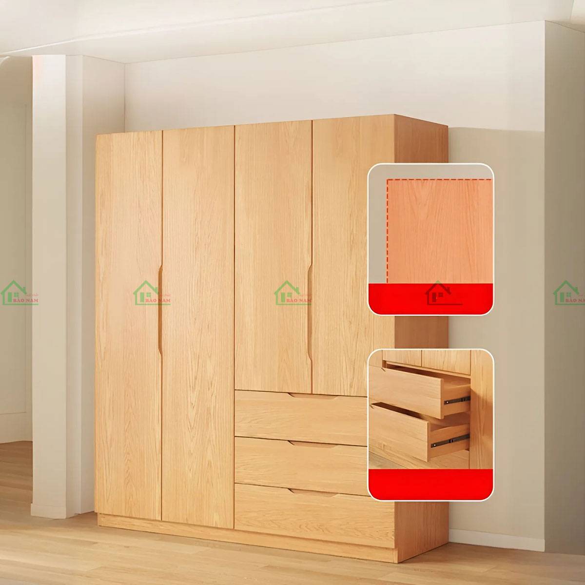 Vân gỗ tự nhiên sáng và màu sắc ấm áp của tủ quần áo TATN37