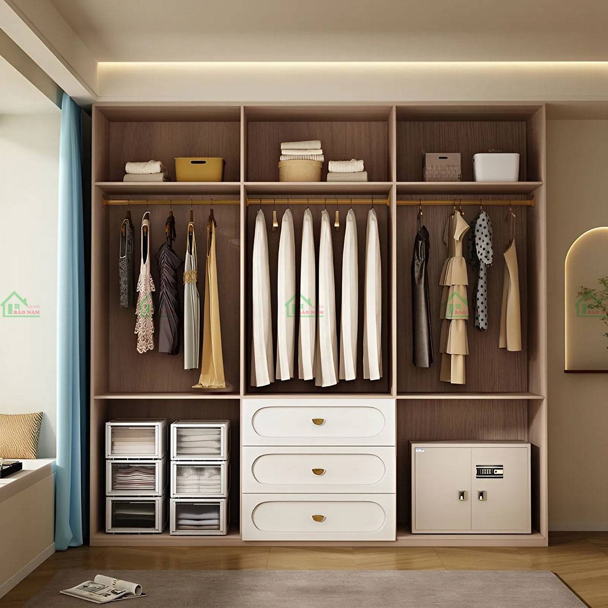 Tủ quần áo hiện đại với nhiều ngăn, thanh treo và ngăn kéo, thiết kế tối ưu không g
